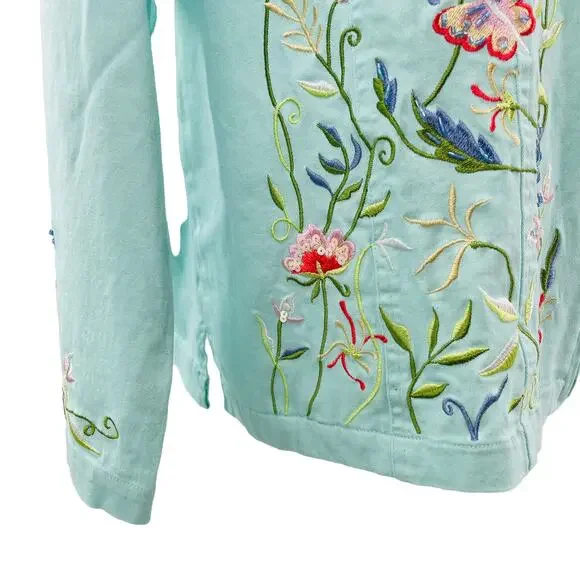 Quacker Factory Aqua Blue Floral Multicolor Embroidery Mock Neck Jacket Women 1X - Picture 6 of 14